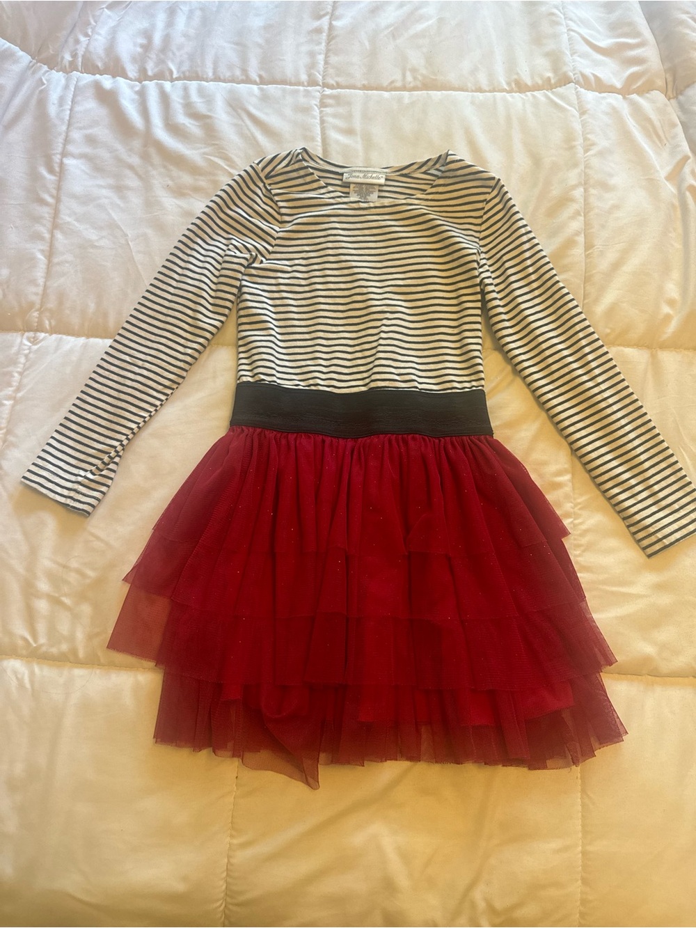 Jona Michelle Black & White Striped Top with Burgundy Tulle Skirt